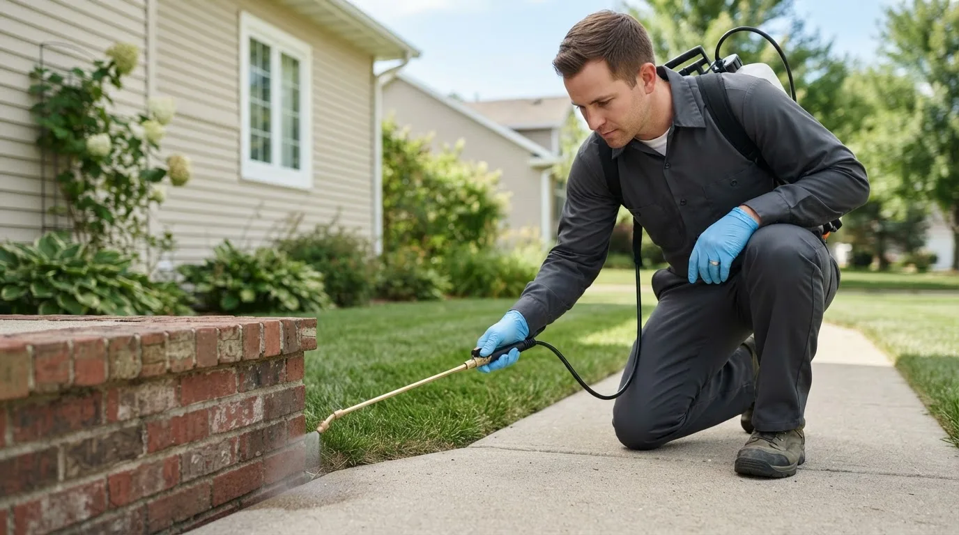 Pest control technician treating a home near Pleasant Hill, NC