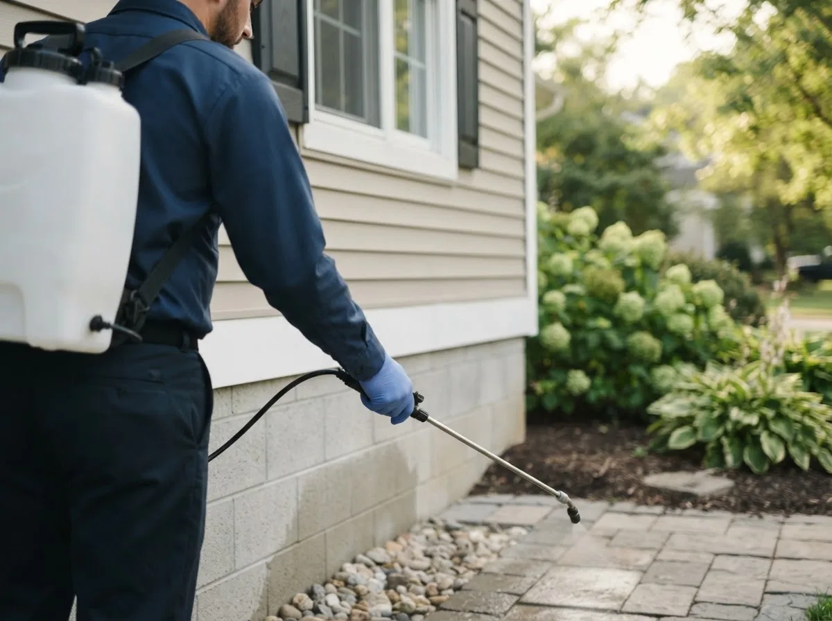 Pest control technician inspecting a home in Pleasant Hill, NC